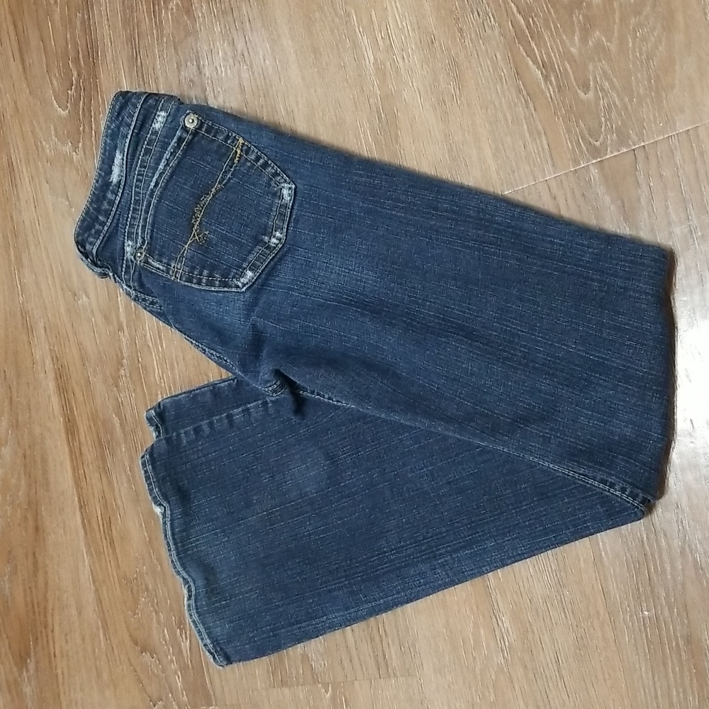(27W/33L) Silver Jeans Co. Spur Denim Flare Bootcut Jeans Distressed Western